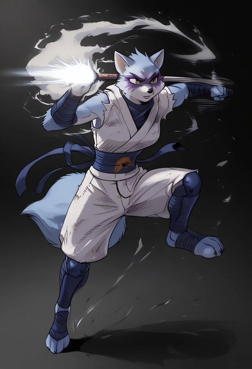 score_9, score_8_up, score_7_up, high quality, detailed eyes, detailed face, high res, best quality,
anthro, furry,
Alopex | TMNT, anrhro, furry artic fox, bandages, ninja outfit, ninja shorts, knee pads, arm guards, leg wraps, , white fur,
1 girl, <lora:fight stance V2:0.8> fighting stance, solo, ((aura)), fighting stance,jumping, flying kick, karate<lora:90s_Retro_anime_style_Pony:1> retro anime style, golden boy anime style, dramatic lighting,