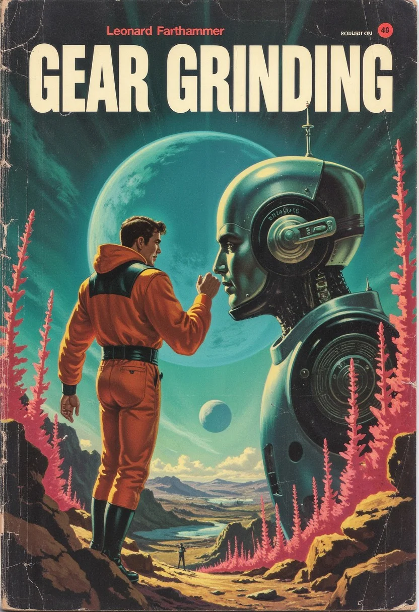 Book cover, (Title in bold white letters arranged at the top: Gear Grinding), (((sub title in bold white letters arranged at the bottom: Leonard Farthammer)))wear and tear on cover. Photorealistic, photograph," A retro sci-fi book cover depicting an intense, romantic moment between a male space explorer and a humanoid alien male robot. The robot’s sleek chrome body is adorned with intricate gears and glowing circuitry, its design blending elegance with industrial futurism. The explorer, in a bold orange and white retro space suit, reaches out to touch the robot’s face, their figures framed by the luminous tendrils of bioluminescent plants. The background features a massive ringed planet glowing in a teal and magenta sky, evoking the classic style of mid-century sci-fi, anime, cyberpunk, DB4RZ, DB4RZ style painting
