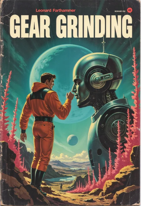 Book cover, (Title in bold white letters arranged at the top: Gear Grinding), (((sub title in bold white letters arranged at the bottom: Leonard Farthammer)))wear and tear on cover. Photorealistic, photograph," A retro sci-fi book cover depicting an intense, romantic moment between a male space explorer and a humanoid alien male robot. The robot’s sleek chrome body is adorned with intricate gears and glowing circuitry, its design blending elegance with industrial futurism. The explorer, in a bold orange and white retro space suit, reaches out to touch the robot’s face, their figures framed by the luminous tendrils of bioluminescent plants. The background features a massive ringed planet glowing in a teal and magenta sky, evoking the classic style of mid-century sci-fi, anime, cyberpunk, DB4RZ, DB4RZ style painting