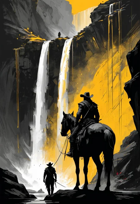 Silhouette style long shot, line art drawing style of Guy Denning, silhouette, dark silhouette style,
Dwarven cowboy stands next to his huge horse. The horse is drinking from a waterfall.
yellow outlines, white outlines, complex drawings, shapes, glowing outlines, abstract shapes, surreal, mystical, white, black, yellow, blank background, blood red, masterpiece, (((high contrast, minimalistic, black and white, stark, dramatic))), pencil drawing, sketch, artstation, modern, sleek <lora:add-detail-xl:1> professional, minimalist, graphic, line art, vector graphics. ((Resplendent spotlight highlighting)).