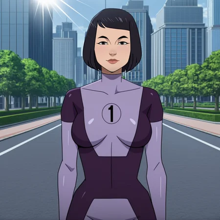 dupl1k3t3, 1girl and 1boy, female focus, black hair, black eyes, lips, highly detailed, intricate details, detailed background, solo, close up, standing, outdoors, street, park, skyscraper, day, sunlight, purple bodysuit, big tits, number_one, looking at viewer, light smile,  <lora:Dupli-Kate-000005:1>