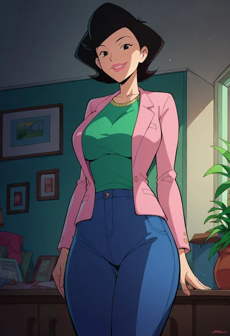 score_9, score_8_up, score_7_up, score_6_up, score_7_up, source_cartoon,BREAK, 1girl, susanlongv1, looking at viewer, pink lips, smile, black hair, black eyes, mature female, large breasts, curvy, squinting, green shirt,pink blazer,blue jeans, in the livingroom,evening, volumetric lighting, light particles