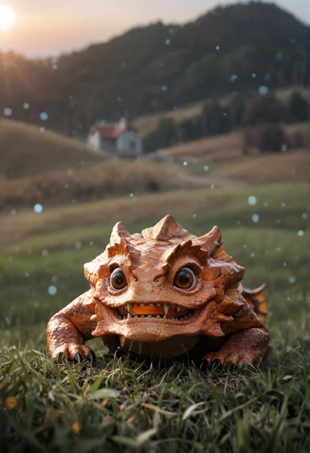 <lora:mortimer_v2:1> mortimer_v2
no humans, pokemon \(creature\)
black eyes, claws, fangs, scales,
black eyes, brown eyes,
colored skin, scales,
teeth, sharp teeth, claws,, score_9, score_8_up, score_7_up, score_6_up, derpibooru_p_95, solo
detailed eyes, beautiful, detailed background, perfect eyes,
blur censor, blurry, blurry background, blurry foreground, bokeh, motion blur,
chromatic aberration, depth of field, figure, focused, focus
photography, realistic sun light and shadows, photorealism, UHD --ar 9:16 --style raw --stylize 700
full body , shy , Lying in grass, cozy farm set in working windmill in field Volcanic Ash Sky: gray-orange, particles, eerie, aftermath, filtered light