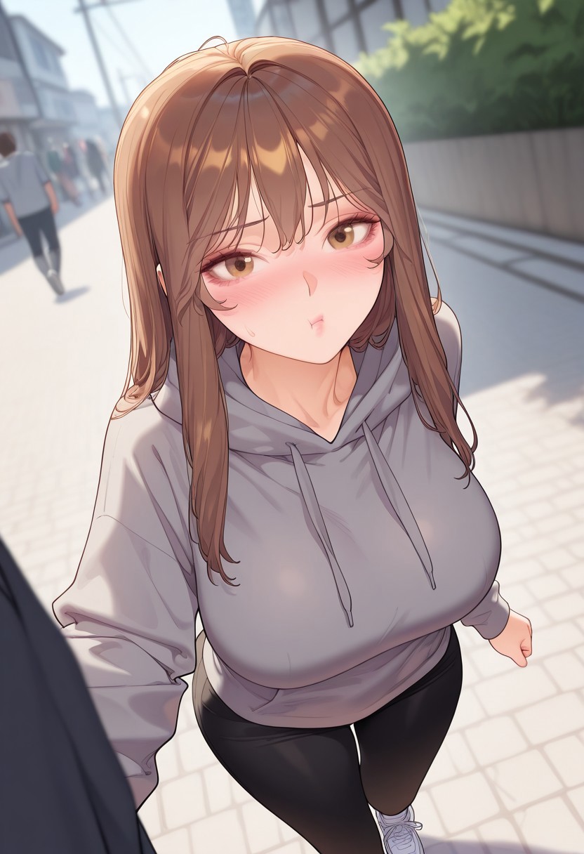 1girl, han_gayoung, brown hair, long hair, brown eyes,
large breasts,
Grey hoodie, black pants, white sneakers,
Pout, looking at viewer, blush