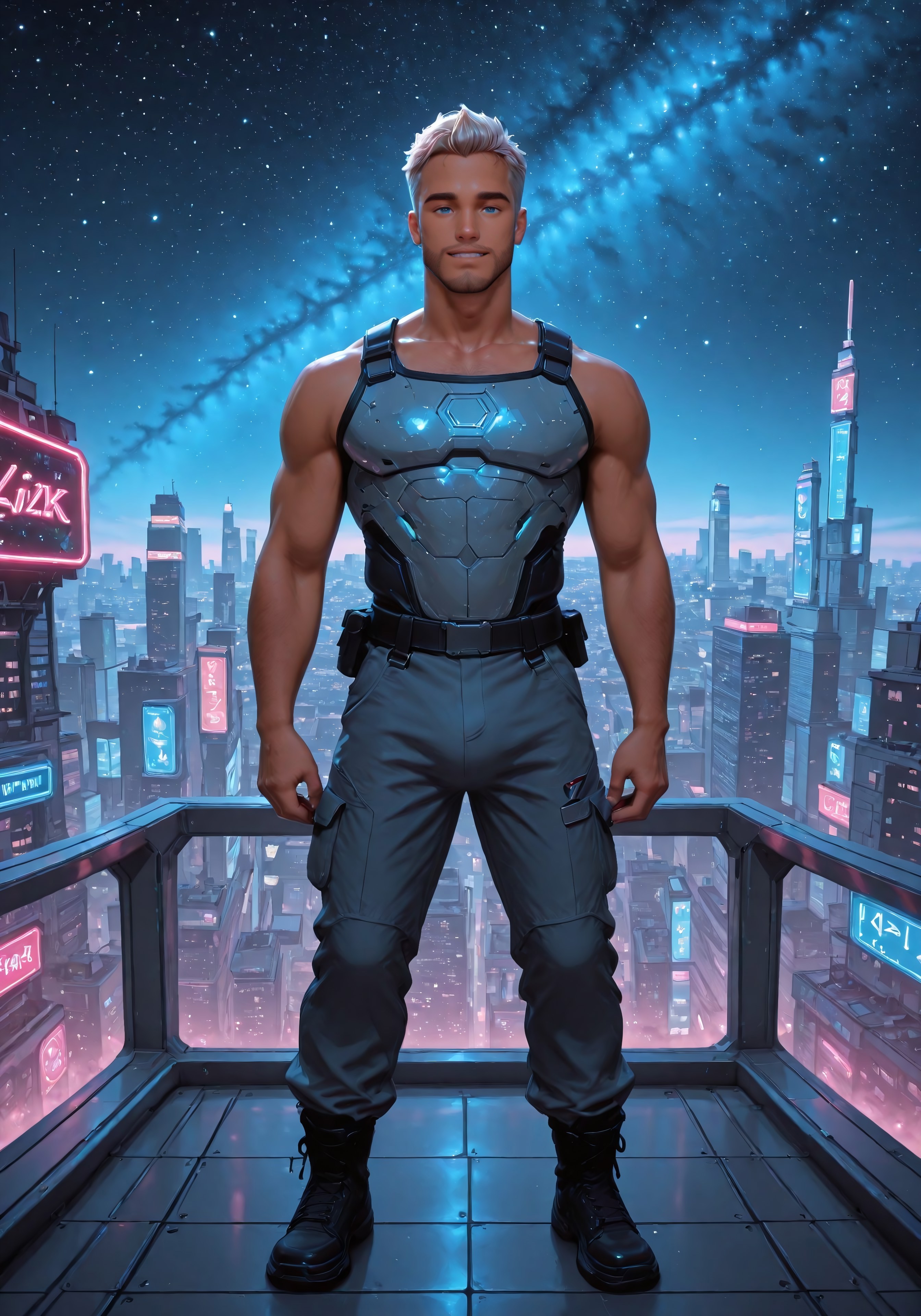 starship_captain (blue eyes, light hair, dark facial hair, dark body hair, dark eyebrows, muscular male, handsome, 25 years old), standing on an observation deck overlooking a huge city, background is cyberpunk city, cyberpunk architecture, neon lights, holographic billboards, night sky, lots of stars, Milky Way, light pollution, ambient lighting, masterpiece, hq, detailed, lifelike, Smooth_Quality