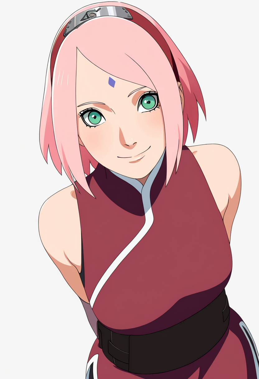 masterpiece, best quality, very aesthetic, absurdres,
1girl, haruno sakura, pink hair, short hair, green eyes, hairband,
forehead mark, sleeveless shirt, bike shorts,
upper body, arms behind back,
smile, solo, looking at viewer, simple background, white background    <lora:SakuraTheLastNoobXL_byKonan:1>
