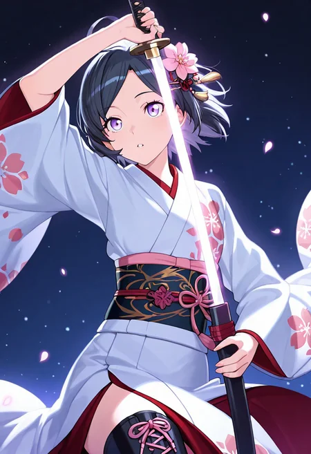 <lora:YahariOreNoSeishunLoveComedy_HikigayaKomachi_IlluXL:0.9>, Hikigaya Komach, anime_girl black_hair_with_pink_highlights Purple_eyes cheery_expression floral_hair_ornament_with_pink_flower traditional_kimono_with_cherry_blossom_pattern dark_blue_kimono_with_pink_and_white_flowers intricate_kimono_design_with_gold_accents holding_katana_with_both_hands glowing_katana_with_energy_trail dynamic_action_pose cherry_blossom_petals_floating_in_air vibrant_neon_pink_and_cyan_color_scheme dramatic_lighting_with_glowing_effects energy_aura_with_sparkling_particles black_lace-up_boots_with_shiny_finish detailed_background_with_splashes_of_pink_and_blue fantasy_warrior_theme strong_female_character ethereal_and_mystical_atmosphere high_contrast_art_style anime_illustration_with_digital_painting