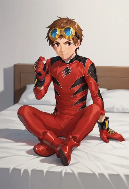 score_9, score_8_up, score_7_up, zPDXL2, 
1boy, solo, goggles on head, brown hair, 
,sitting on bed,
geki red, red bodysuit, black markings,   red gloves, red boots,