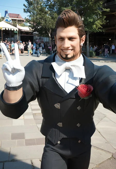 score_9, score_8_up, score_7_up, score_6_up, 4k, perfect quality, male focus, monocle, facial hair,  black jacket, white bowtie, rose boutonniere, white gloves, black pants, white socks, black footwear, outside, day, oasis town, busy street, colorful indian festival, aliens in background, confident grin, full moon, amateur, real life photo, selfie, close up, cool, high contrast, silhouette, v fingers, victory fingers, looking at viewer,