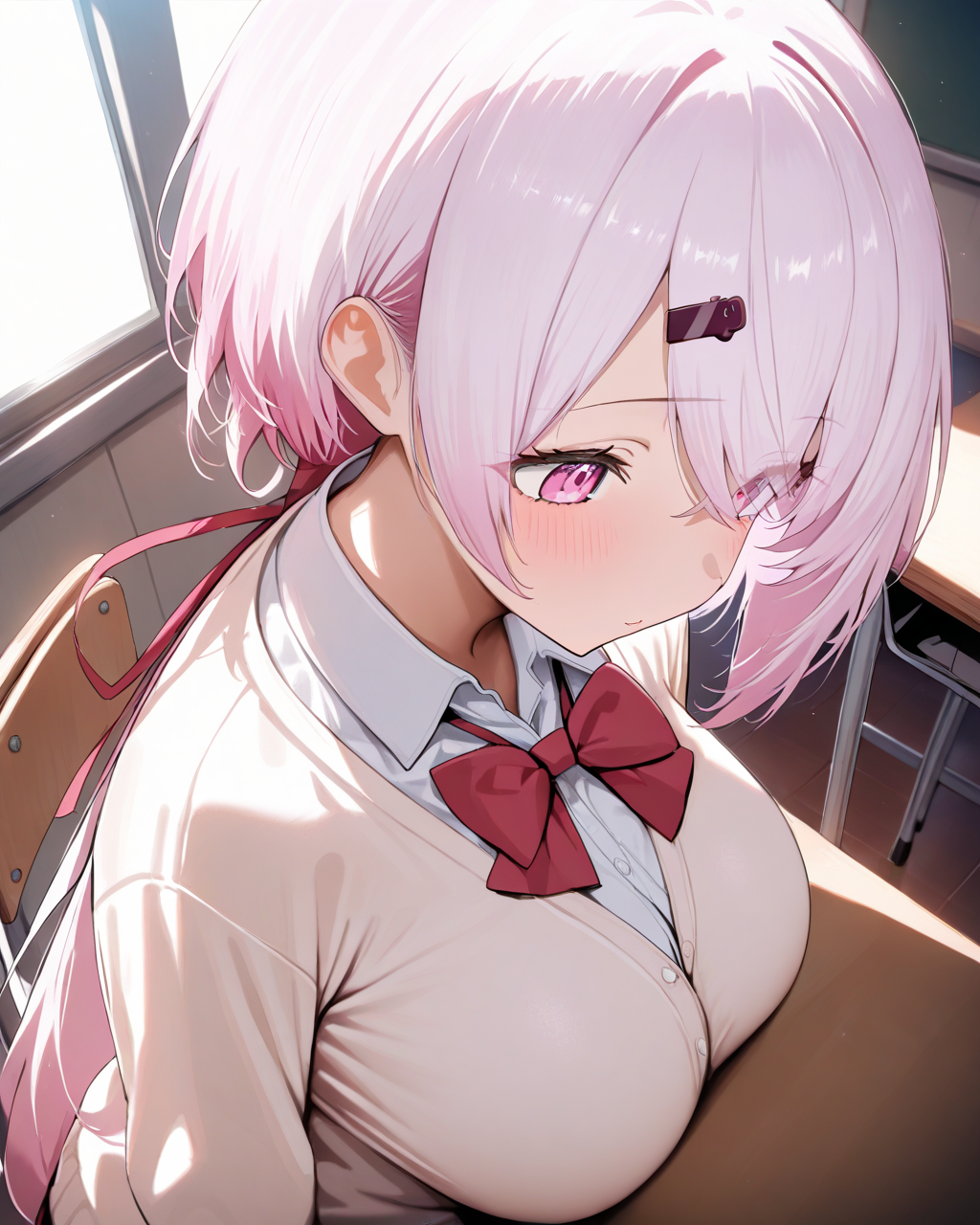 1girl,
ShiinaYuikaNijisanji,
solo, dutch angle, from above,
pink hair, low ponytail, pink eyes,
cardigan, red bow, collared shirt, large breasts, sitting,
classroom, side lighting,
depth of field,
<lora:kp_ShiinaYuikaNijisanji1stCostumeAnimagineXL_v1_1:1.0>,
masterpiece, high score, great score, absurdres