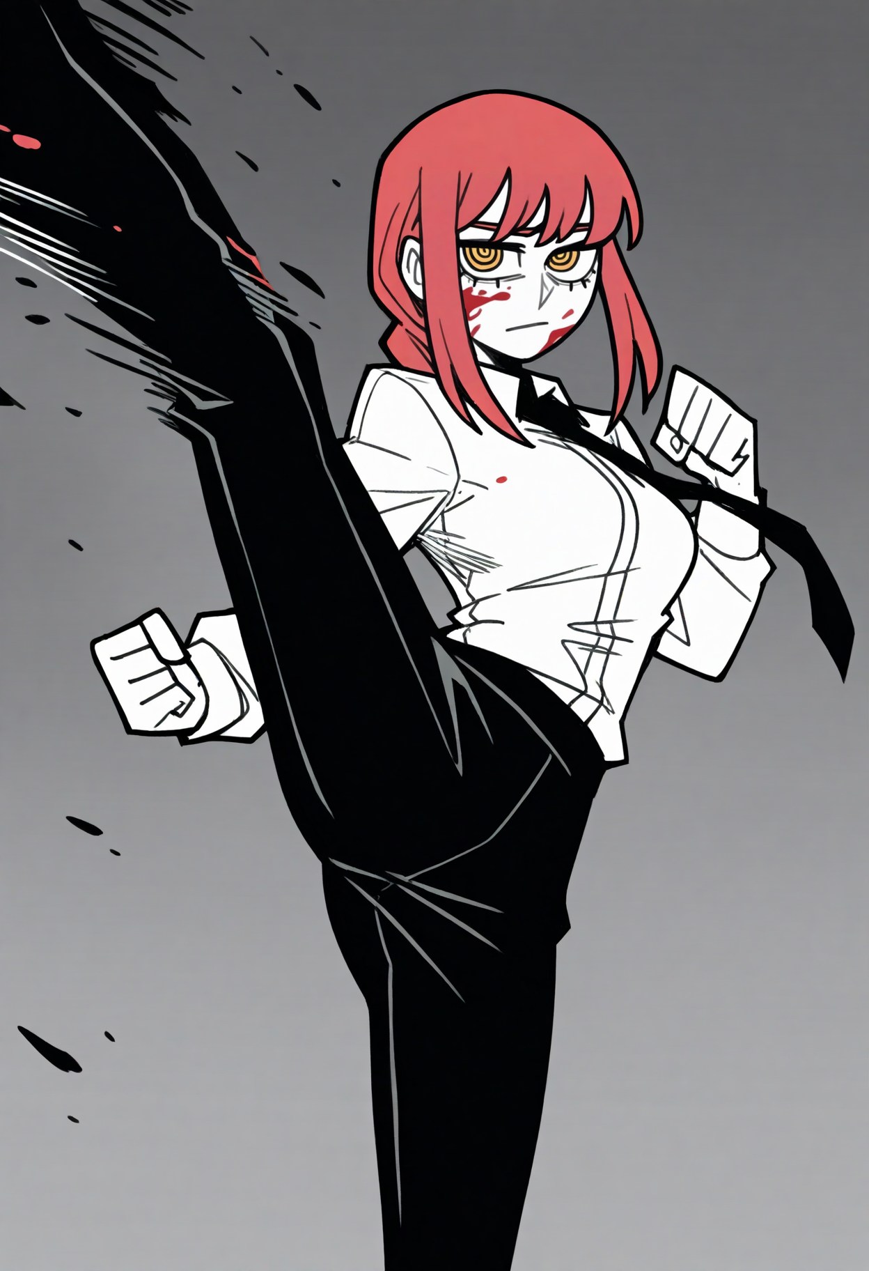 best quality, amazing quality, very aesthetic, absurdres, vanripper,
Makima (Chainsaw Man), 1girl, black necktie, business suit, collared shirt, cropped torso, formal, gendou pose, long sleeves, looking at viewer, medium hair, necktie, office lady, red hair, ringed eyes, white shirt, yellow eyes, white skin, injury, black pants, red blood on face, clenched hand, greyscale, hair flowing over, head out of frame, kicking, monochrome, motion blur, motion lines, split, spot color, standing, standing on one leg <lora:VanripperIllustriousXL_byKonan:1>
