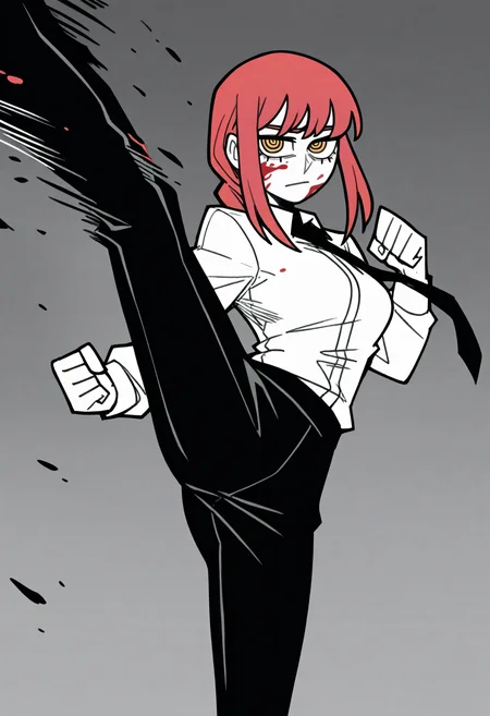 best quality, amazing quality, very aesthetic, absurdres, vanripper,
Makima (Chainsaw Man), 1girl, black necktie, business suit, collared shirt, cropped torso, formal, gendou pose, long sleeves, looking at viewer, medium hair, necktie, office lady, red hair, ringed eyes, white shirt, yellow eyes, white skin, injury, black pants, red blood on face, clenched hand, greyscale, hair flowing over, head out of frame, kicking, monochrome, motion blur, motion lines, split, spot color, standing, standing on one leg <lora:VanripperIllustriousXL_byKonan:1>