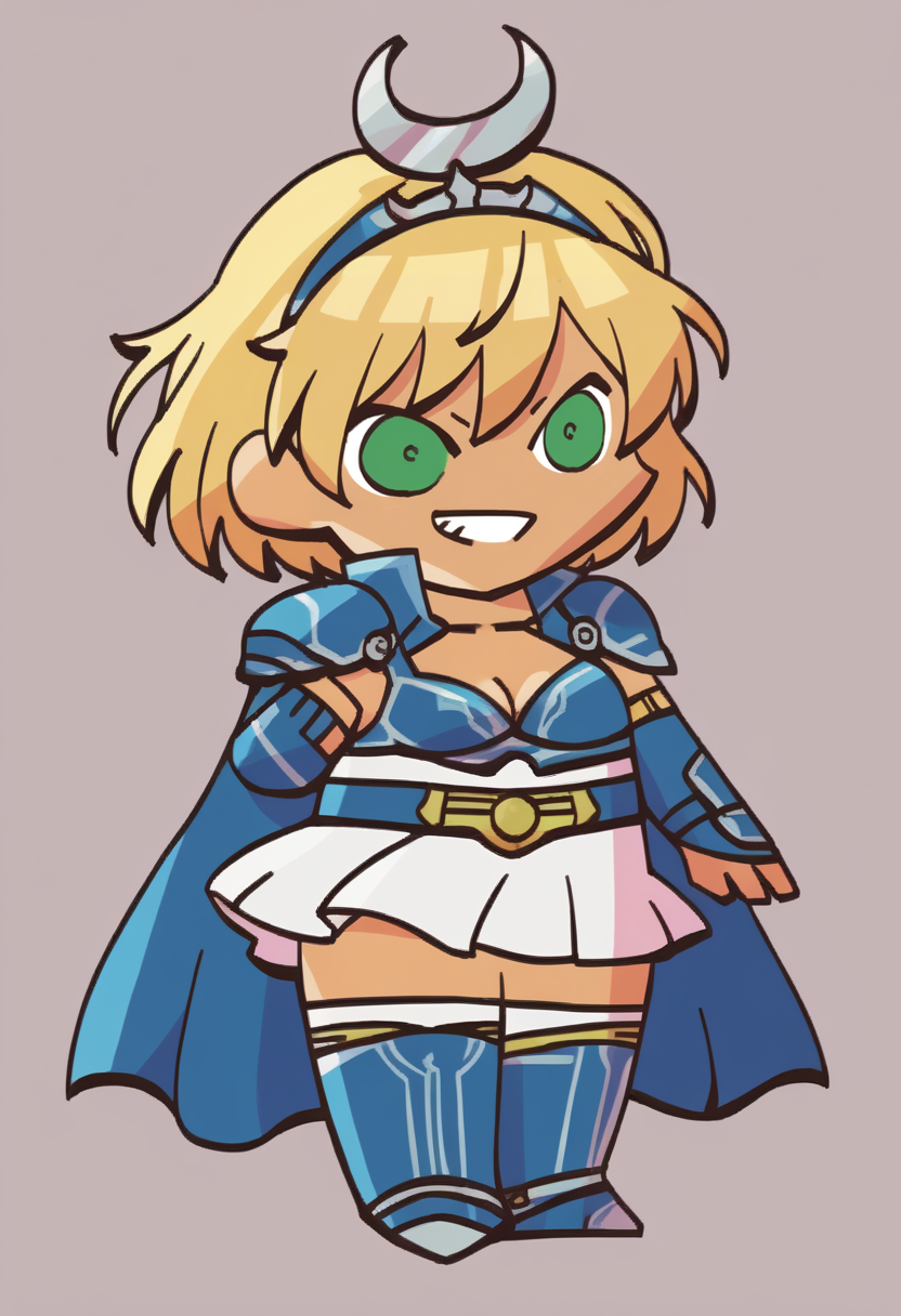 score_9, score_8_up, score_7_up, source_anime BREAK 1girl, solo,
 <lora:FEH-MTH-pdxl_Fp:1> chibi, simple background, full body
 <lora:zs_ArtemisXL:1> artemissmtv, dark skin, blonde hair, short hair, green eyes, hair ornament, dress, cleavage, elbow gloves, cape, thighhighs, kneeboots, grin