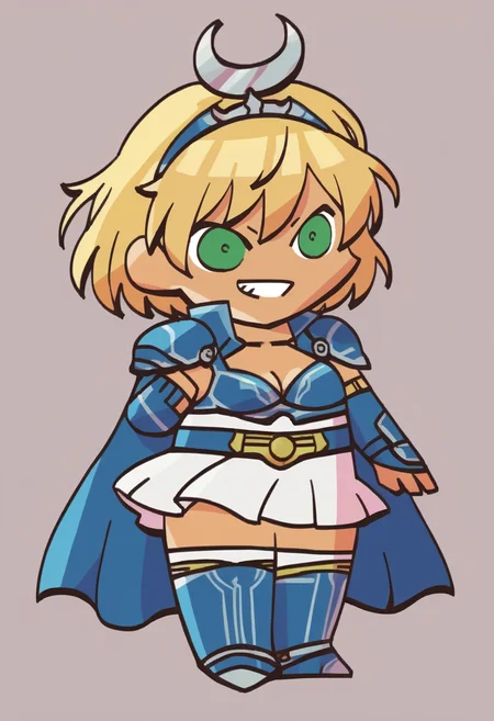 score_9, score_8_up, score_7_up, source_anime BREAK 1girl, solo,
 <lora:FEH-MTH-pdxl_Fp:1> chibi, simple background, full body
 <lora:zs_ArtemisXL:1> artemissmtv, dark skin, blonde hair, short hair, green eyes, hair ornament, dress, cleavage, elbow gloves, cape, thighhighs, kneeboots, grin
