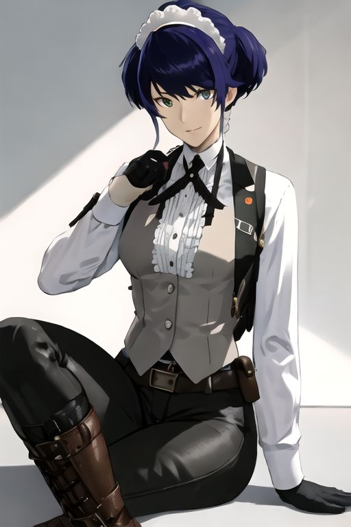 solo, 1girl, solo_focus, (((masterpiece))), ((best quality)), ((ultra-detailed)), ((too_many)):16, high resolution, absurdres, highres, ultra-detailed 8k unity wallpaper, 
kikunop3, maid headdress, vest, shirt, gloves, pants, boots, holster