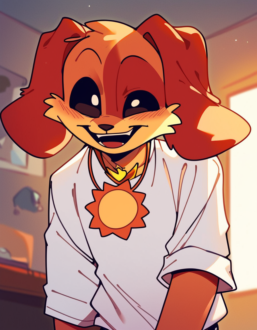score_9, score_8_up, score_7_up, high quality, hires, dogday, poppy playtime, male focus, furry, cute, seductive, smug, open mouth, solo, sun necklace, room, day, <lora:Dog_Day_Poppy_Playtime:1>