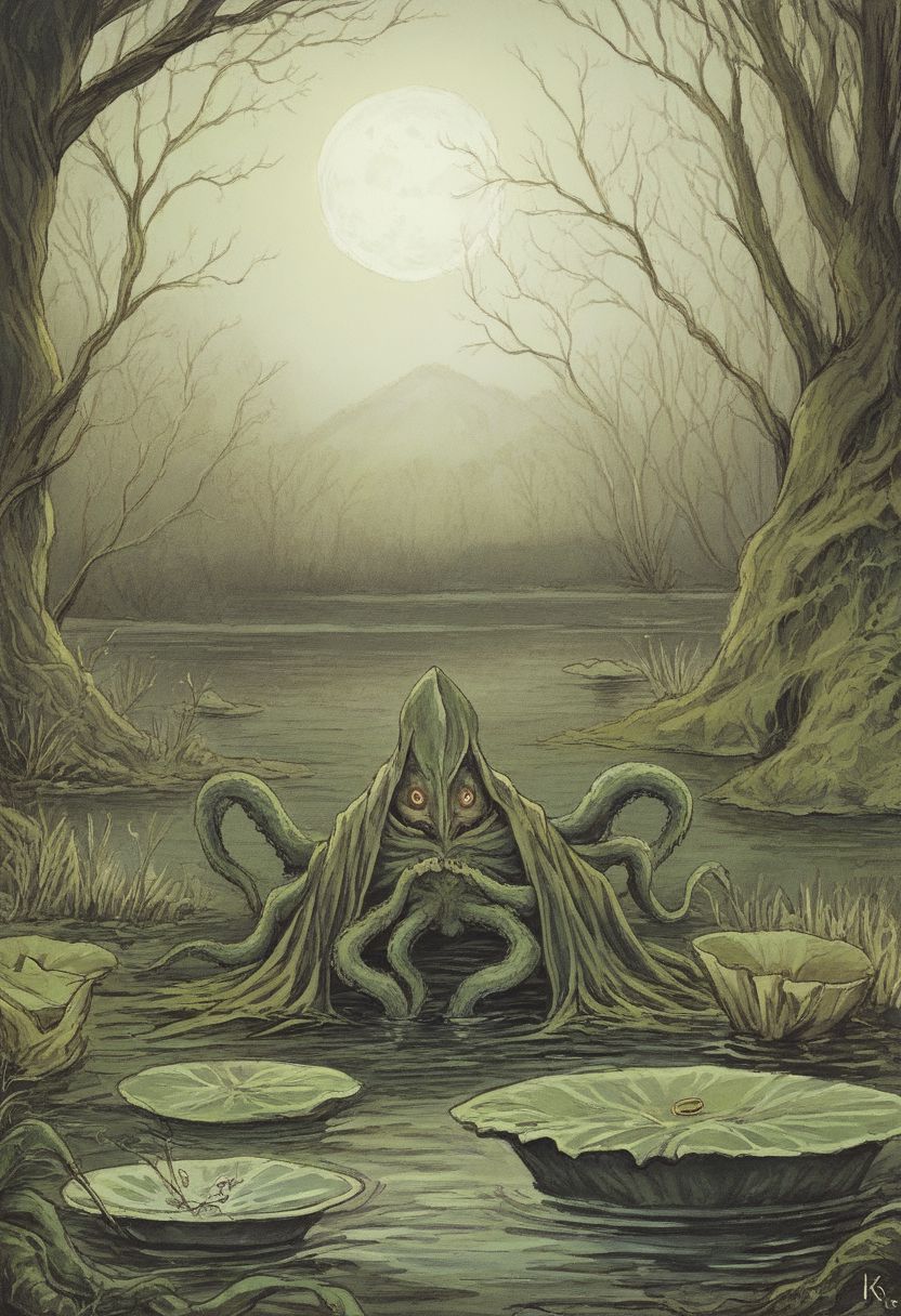 Score_9, in the style of Beatrix Potter, Cthulhu in a swamp, creepy moon