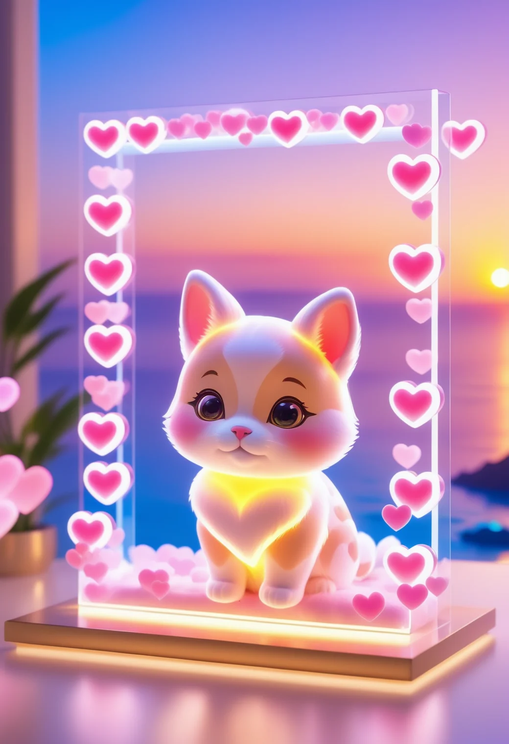 a picture frame with a picture of a cute chibi domestic animal made out of reij-trnsprnt filled with reij-hrts belight by reij-glw <lora:heartglow-000006:1>, cuteness overload, in a fantasy landscape, hairy, action pose, ruff, cherry blossom and mossy rock background, at golden hour, wide view, land art, natural lighting, highly enhanced, imposing, magical, luxury, intense, beautiful, adorable,