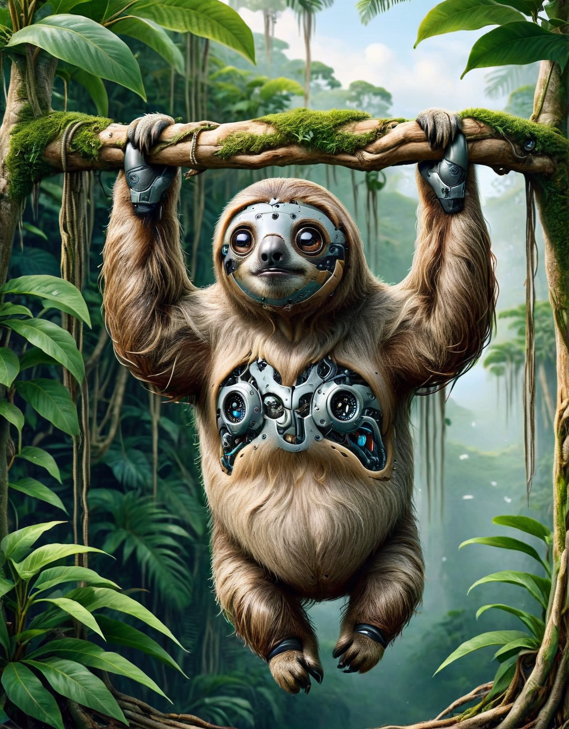 An ais-rbts sloth, hanging from a tree in the jungle <lora:ais-rbts-sdxl:1>, masterpiece, uhd, 4k