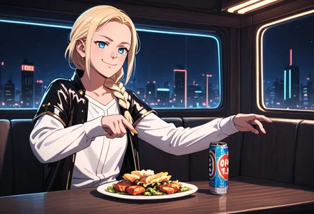rV interior, recreational vehicle interior, anime coloring, score_9, score_8_up, score_7_up, score_6_up, 1girl Vaylin, solo, solo focus, blonde, braid, blue eyes, indoors, table, feast, dinner, single braid, white tunic, gold trim, black pants, zettai ryouiki, sleeves past fingers, solo, lips, night, denim, can, leather, bioluminescent, leather jacket, cyberpunk, city, vending machine, neon lights, general, smug,