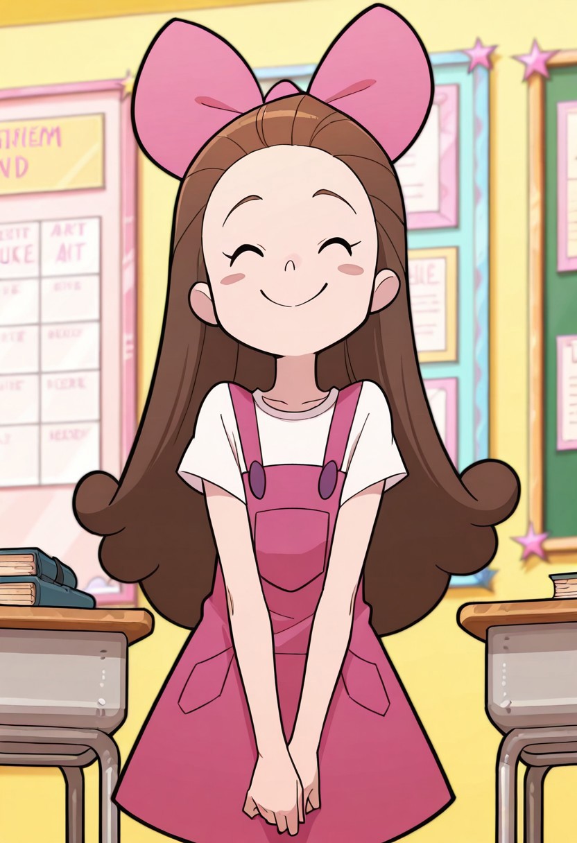 masterpiece, best quality, good quality, 1girl, solo, long hair, brown hair, pink hairbow, black eyes, blush stickers, pink overall dress, white shirt, short sleeves, white pantyhose, purple shoes, standing, v arms, eyes closed, smile, indoors, classroom, front view, upper body,