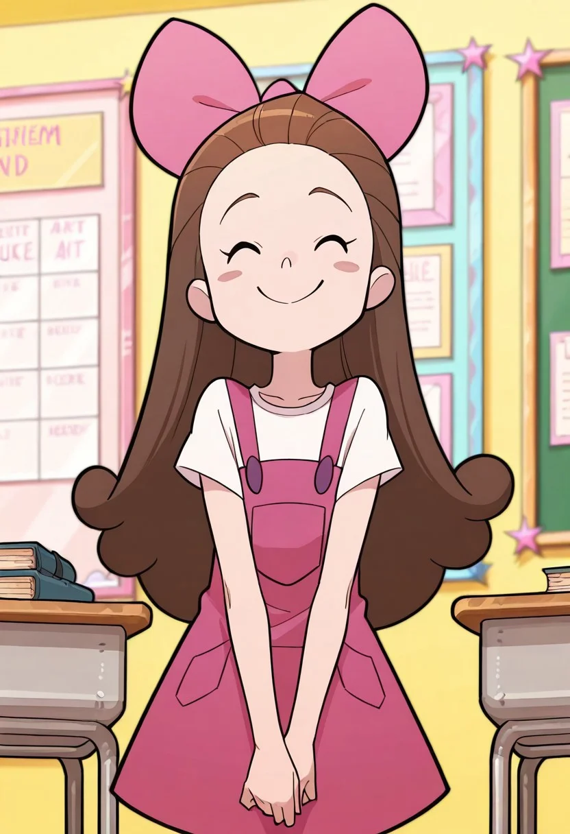 masterpiece, best quality, good quality, 1girl, solo, long hair, brown hair, pink hairbow, black eyes, blush stickers, pink overall dress, white shirt, short sleeves, white pantyhose, purple shoes, standing, v arms, eyes closed, smile, indoors, classroom, front view, upper body,