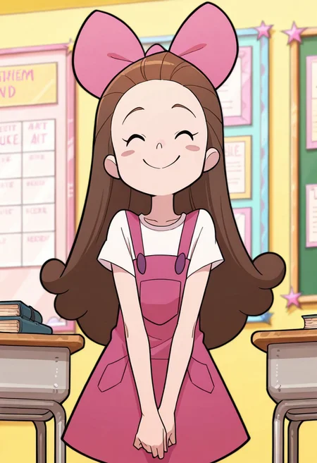 masterpiece, best quality, good quality, 1girl, solo, long hair, brown hair, pink hairbow, black eyes, blush stickers, pink overall dress, white shirt, short sleeves, white pantyhose, purple shoes, standing, v arms, eyes closed, smile, indoors, classroom, front view, upper body,