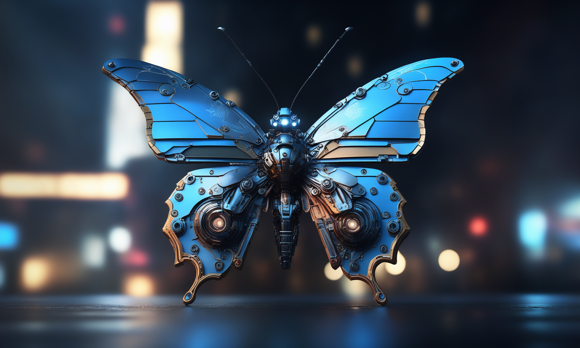 <lora:mechcd_xl-000007:0.8>,a (mechcd_xl,mech,cyberpunk,shiny,glowing,mechanical parts,joints,military) butterfly,colorful theme,no humans,solo,long-focus,tilt-shift,outdoors,full body,cityscape,at night,dim light,glowing eyes,science fiction,dystopian,futuristic,intricate,chinese zodiac,still life,front view,facing viewer,looking at viewer, emotional,harmonious,high budget,moody,epic,gorgeous,perfect lighting,realistic,photorealistic,photographic,photo (medium),real,moody lighting,volumetric lighting,reality ray tracing,8K,HDR,UHD,masterpiece,best quality,highly detailed,high resolution,finely detail,extremely detailed,ultra detailed,wallpaper