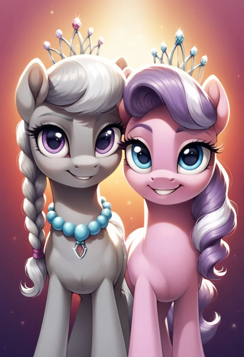 score_9, score_8_up, score_7_up, score_6_up, score_5_up, score_4_up, my little pony, ((feral pony)), Diamond Tiara, Silver Spoon, 2girls, ((duo)), (sexy), beautiful, detailed, (detailed cute pony face), detailed eyes, detailed fur, detailed hooves, beautiful, vector, flat colors, (beautiful long eyelashes), (beautiful hooves), (abstract background:1.8), (looking at you, looking at viewer:1.5), smile, happy, cute smile, ((close-up)), high angle