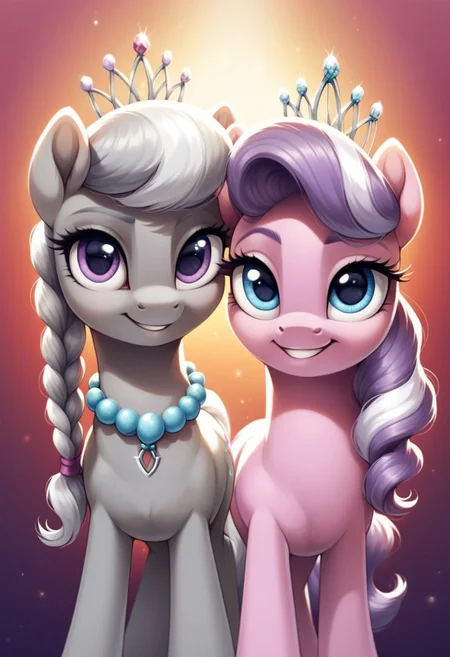 score_9, score_8_up, score_7_up, score_6_up, score_5_up, score_4_up, my little pony, ((feral pony)), Diamond Tiara, Silver Spoon, 2girls, ((duo)), (sexy), beautiful, detailed, (detailed cute pony face), detailed eyes, detailed fur, detailed hooves, beautiful, vector, flat colors, (beautiful long eyelashes), (beautiful hooves), (abstract background:1.8), (looking at you, looking at viewer:1.5), smile, happy, cute smile, ((close-up)), high angle