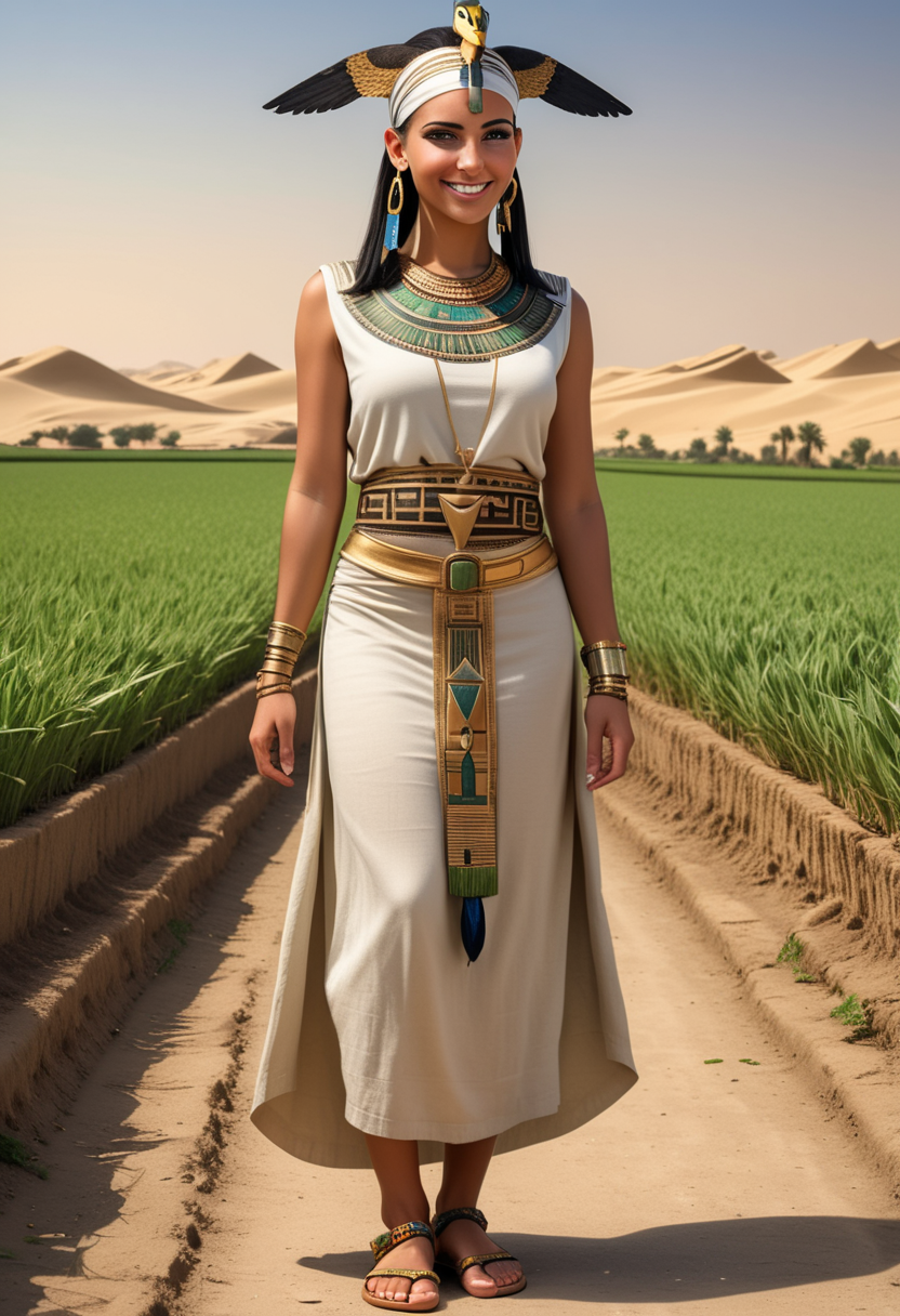 (medium full shot) of (vivacious queen from ancient egypt) young woman, slim build, black hairbun hair, green eyes, tan skin, egyptian makeup, wearing  Sleeveless linen tunic with geometric patterns,  silk skirt with gold fringe, jeweled sandals with feather ankle cuffs, anklets adorned with precious stones golden armlet with ankh symbol braided leather belt with falcon buckle,   set in the ancient egypt era, in  Nile Delta, Vast expanse of fertile land stretching to the horizon, farmers toiling in the fields, irrigation channels diverting water to nourish crops, waterfowl soaring overhead , woman smiling, detailed face, ,Masterpiece,best quality, raw photo, realistic, very aesthetic