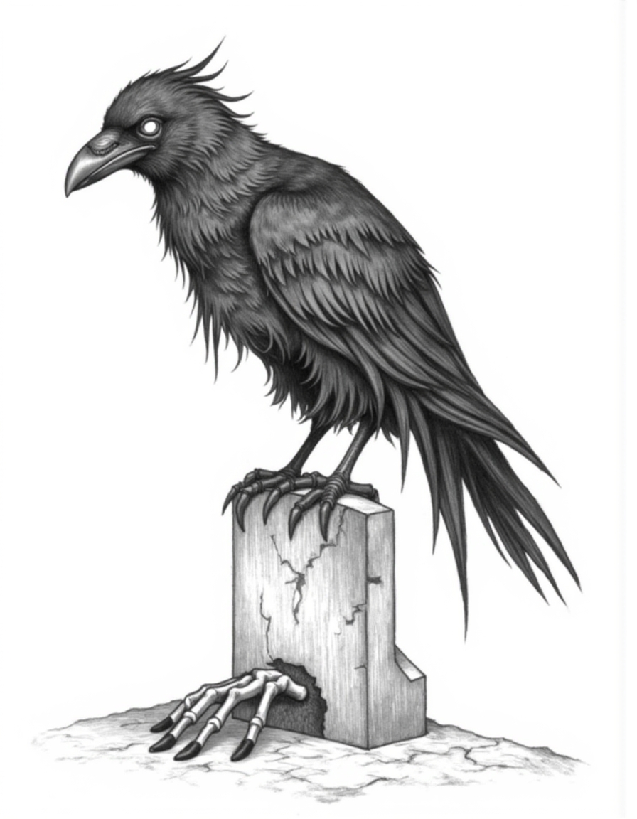 Halloween_Art_Style_Concept, A detailed black-and-white drawing of a raven perched on a broken tombstone. The raven’s eyes glow with a faint, eerie light, and its feathers are ragged, with a few falling off, as if decaying. The tombstone is cracked, and a skeletal hand reaches out from the ground beneath it. Shadows and textures give a dark, unsettling atmosphere.