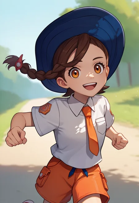score_9, score_8_up, score_7_up, source_anime, solo, 1girl, julianascarlet, happy, looking at viewer, upper teeth, running, single braid, blue headwear, hat, school uniform, white shirt, collared shirt, orange necktie, short sleeves, orange shorts, outdoors <lora:pokemon_juliana_ponyXL:1>