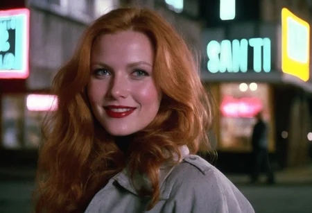 CinematicPortrait woman analog photo ginger (smile slavic ) masterpiece outdoors, (glossy dark lipstick), detailed sharp grey eyes, (nighttime shop neon sign), soft focus, depth of field, film grain, (((looking at viewer))) <lora:CinematicPortraitXL_v3:0.25> <lora:EuroBabe-v4-XL:0.35>