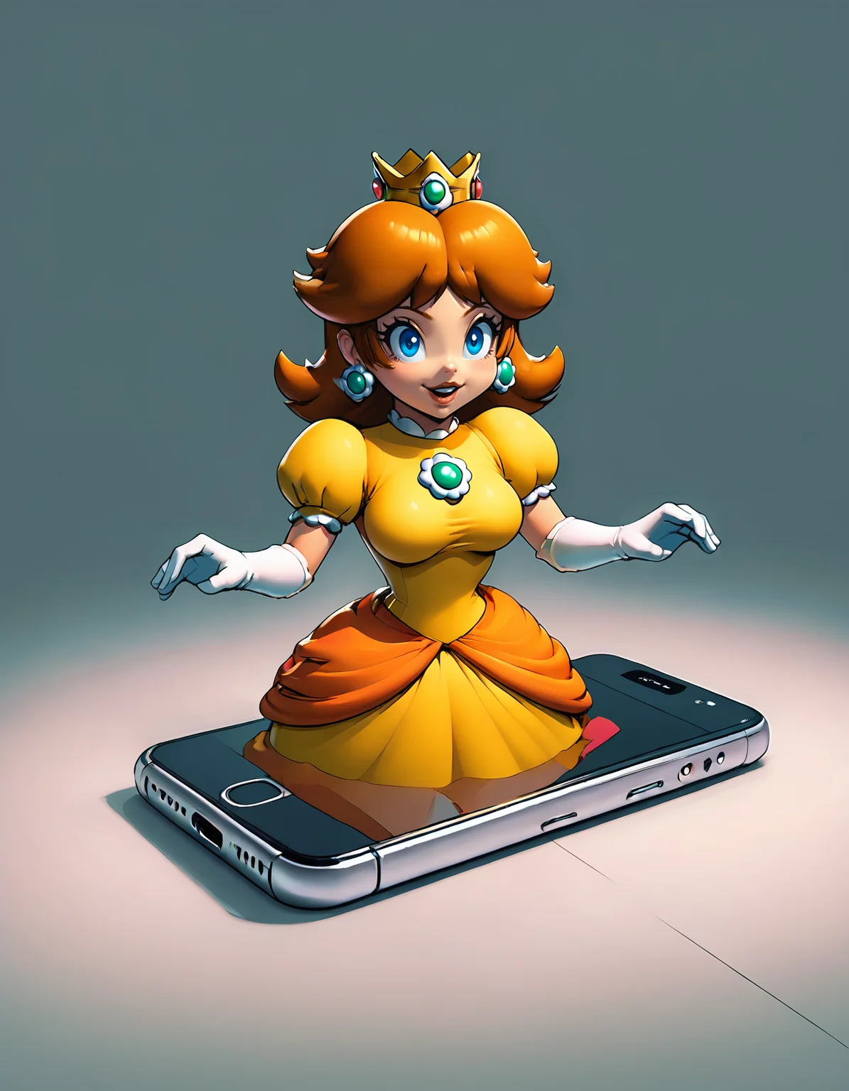 <lora:Phone_PH12X_Pony:1> ph12x, solo, 1girl, upper body, breasts, Princess Daisy from Mario