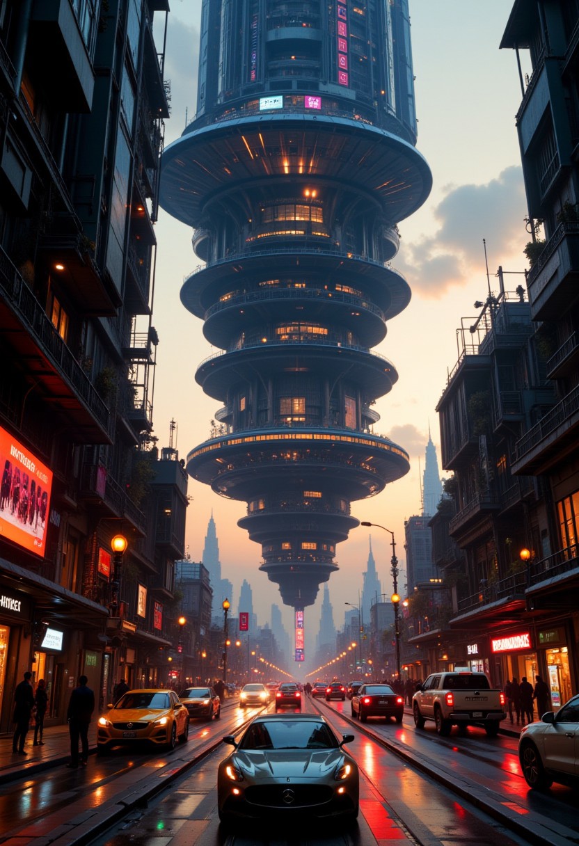 (hyper detailed, artistic, artilands02) a futuristic city at dusk with a surreal design where all the buildings hang upside down. Their bases are fixed high in the sky, and the floors are built downward toward the ground, creating tall structures that look like they’re hanging from above. Some buildings are wide and layered, others are narrow and sharp, all stretching down with lights glowing along their edges. Roads run beneath these structures, lined with glowing street lights that cast reflections on the pavement. Sleek, futuristic cars move smoothly through traffic. Metro trains run along suspended tracks weaving through the hanging buildings. Shops with colorful neon signs, glowing symbols, and floating holograms are built into the lower levels of the descending towers. The dusky sun is low, painting the sky in warm orange, purple, and red tones. Wisps of dusky clouds drift between the buildings. Light bounces off glass walls, polished metal, and shadowed surfaces, giving the whole scene a calm, dreamlike mood.