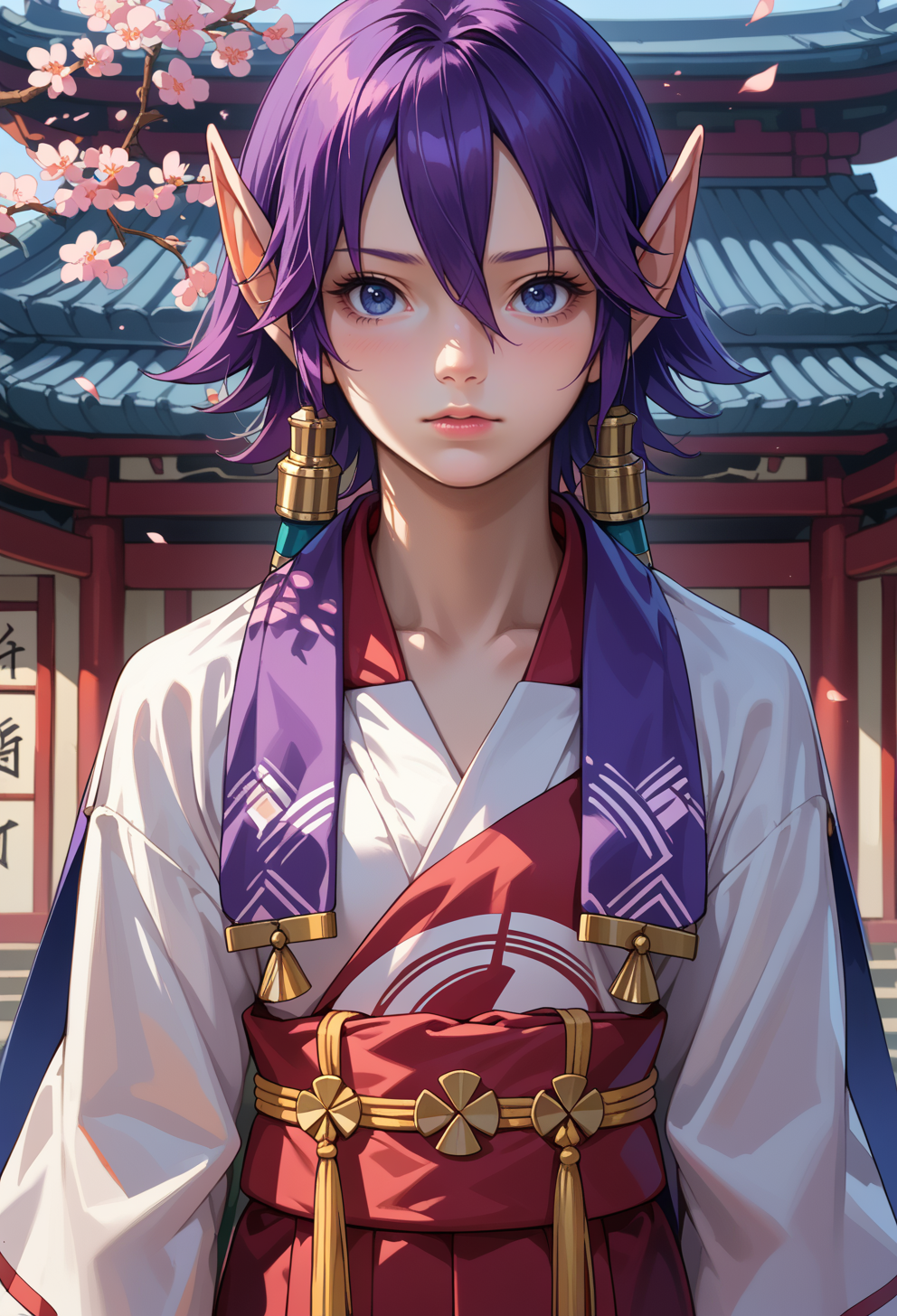 score_9, score_7_up, source_anime, solo, BREAK <lora:AEKaren:0.9> AEKaren, blue eyes, purple hair, hair between eyes, short hair, long pointy ears, 
miko, priestess, holy, cowboy shot, kimono,
