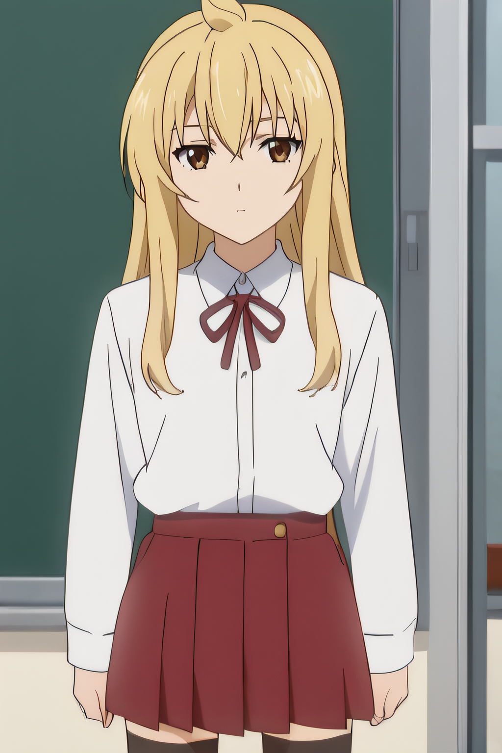score_9, score_8_up, score_7_up, source_anime, rating_safe, intricate details, anime screencap, official style, 1girl, <lora:Minami_Chiaki:1>, chiaki, blonde hair, long hair, standing, school uniform, white shirt, long sleeves, red knot, red skirt, black thighhighs, cowboy shot, looking at viewer, expressionless, indoor