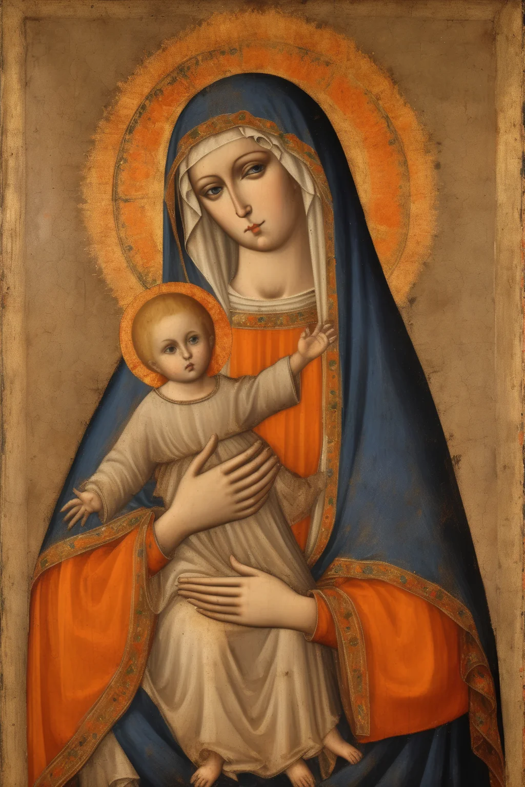 <lora:Simone Martini Style:1>Simone Martini Style - a very traditional medieval italian style painting of mother mary holding an orange tab