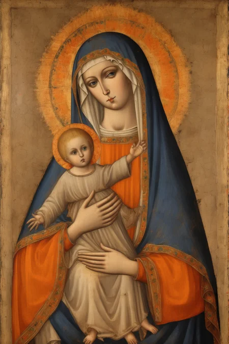 <lora:Simone Martini Style:1>Simone Martini Style - a very traditional medieval italian style painting of mother mary holding an orange tab