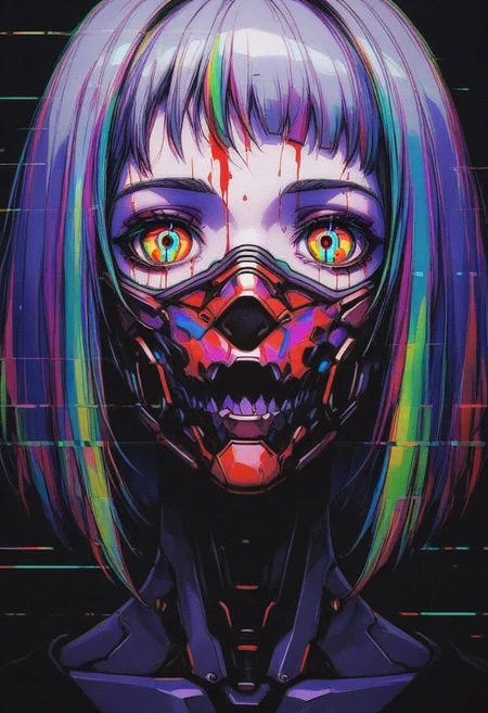 GLTST, Glitch, , 1girl, solo, multicolored eyes, bangs, looking at viewer, portrait, cyberpunk, mouth mask, short hair, mask, blood
