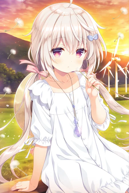 masterpiece,best quality,amazing quality,highres,scenery,newest,1girl,official style,shirobana,hair ornament,bangs,long hair,hair between eyes,ahoge,red eyes,purple eyes,twintails,hair bow,bow,low twintails,shirobana daily,dress,white dress,necklace,jewelry,straw hat,hat,<lora:baojianshi-shiribana-V3.2:1>ï¼dandelion, dandelion seed, wind turbine,sitting,holding,sunset,looking at viewer, wind,arm support,upper body,
