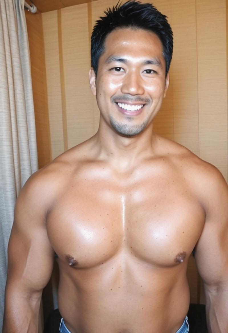 Anime, quality,high quality,masterpiece,extremely detailed,correct anatomy,best aesthetic, detailed face, (1man),  (grk_nozomu:1.3), (East Asian Face:1.3), (short hair, black hair, large pectorals, tanned skin, big taller_male, steamy, close up portrait, sweaty body, natural smile), (puffy nipples:1.4), (,hairy armpits, looking at viewer, blue jeans), (lower angle,), standing, in forest,