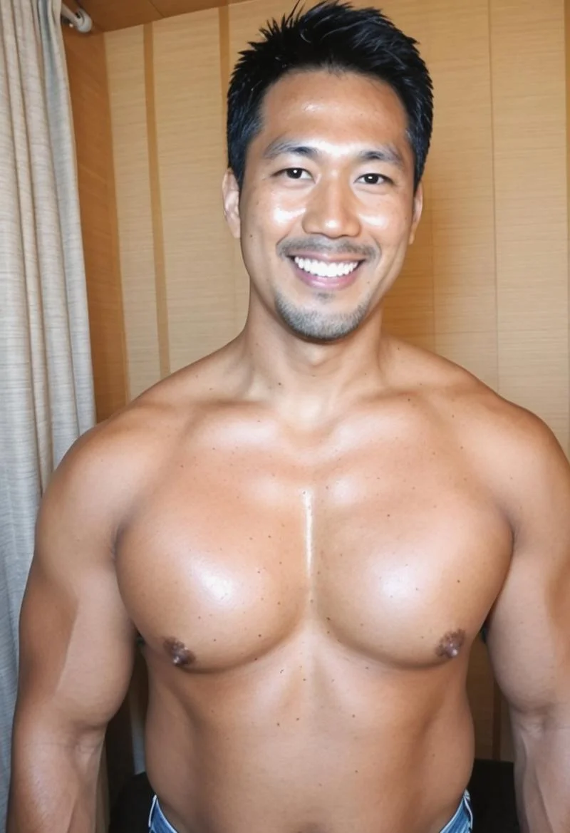 Anime, quality,high quality,masterpiece,extremely detailed,correct anatomy,best aesthetic, detailed face, (1man), (grk_nozomu:1.3), (East Asian Face:1.3), (short hair, black hair, large pectorals, tanned skin, big taller_male, steamy, close up portrait, sweaty body, natural smile), (puffy nipples:1.4), (,hairy armpits, looking at viewer, blue jeans), (lower angle,), standing, in forest,