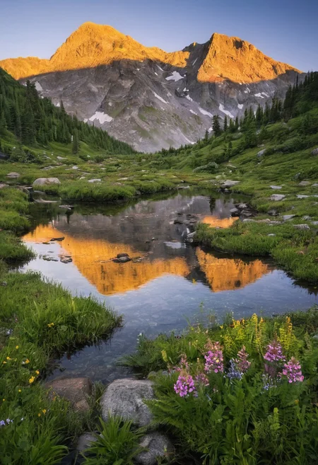 stunning,scenic landscape,rugged mountain peaks,distant snow-capped summits,vibrant colors of the sky reflected in a tranquil waters,herbs,flowers,fresh green grass,Early morning sunrise on misty mountain trail,Warm,soft light peeks over the horizon,casting long shadows,Dewy ferns and wildflowers glow golden,Granite cliffs in shadow,Serene atmosphere with first light,sunbeamsrustic fence