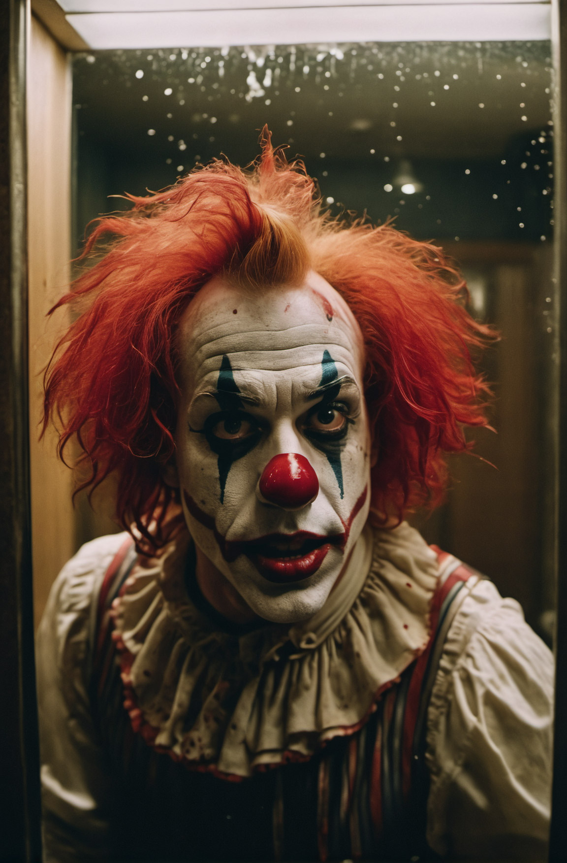 A cinematic photo of a 25 year old half american half scottish killer clown, big forehead, red clown wig, running into a glass mirror breaking his face into glass pieces, Blood glass shattering, he is in a dimly lit beat down grim public restroom, bloody red sparkly glitter clown costume, Blood on walls, broken lights, horror, vhs, film grain, Zombie in background, Scared look, brown lighting, grey lighting, ultra detailed, Atmospheric, Dramatic, Masterpiece,