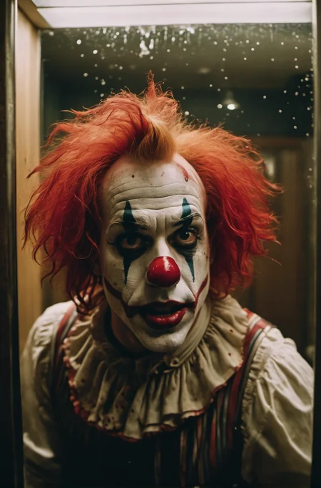 A cinematic photo of a 25 year old half american half scottish killer clown, big forehead, red clown wig, running into a glass mirror breaking his face into glass pieces, Blood glass shattering, he is in a dimly lit beat down grim public restroom, bloody red sparkly glitter clown costume, Blood on walls, broken lights, horror, vhs, film grain, Zombie in background, Scared look, brown lighting, grey lighting, ultra detailed, Atmospheric, Dramatic, Masterpiece,