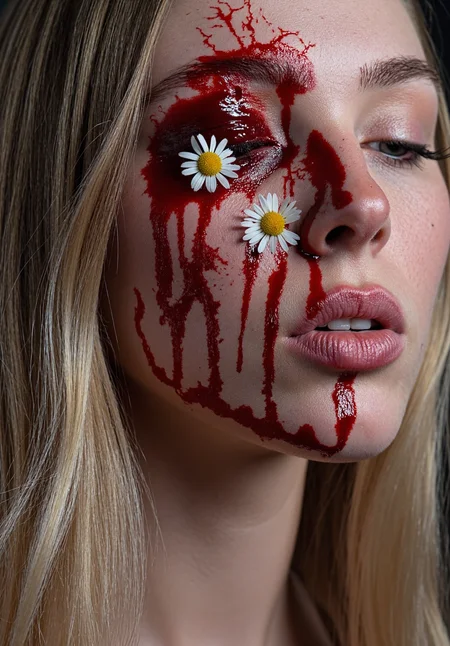 sony_a7III professional style photo, bl33d, Close-up portrait of a young woman, early 20s, blonde long hair covered in blood, fresh blood smeared across her cheek and eye, deep cut over brow with coagulated blood, white daisy flowers embedded into the wounds and skin, side lighting, high contrast