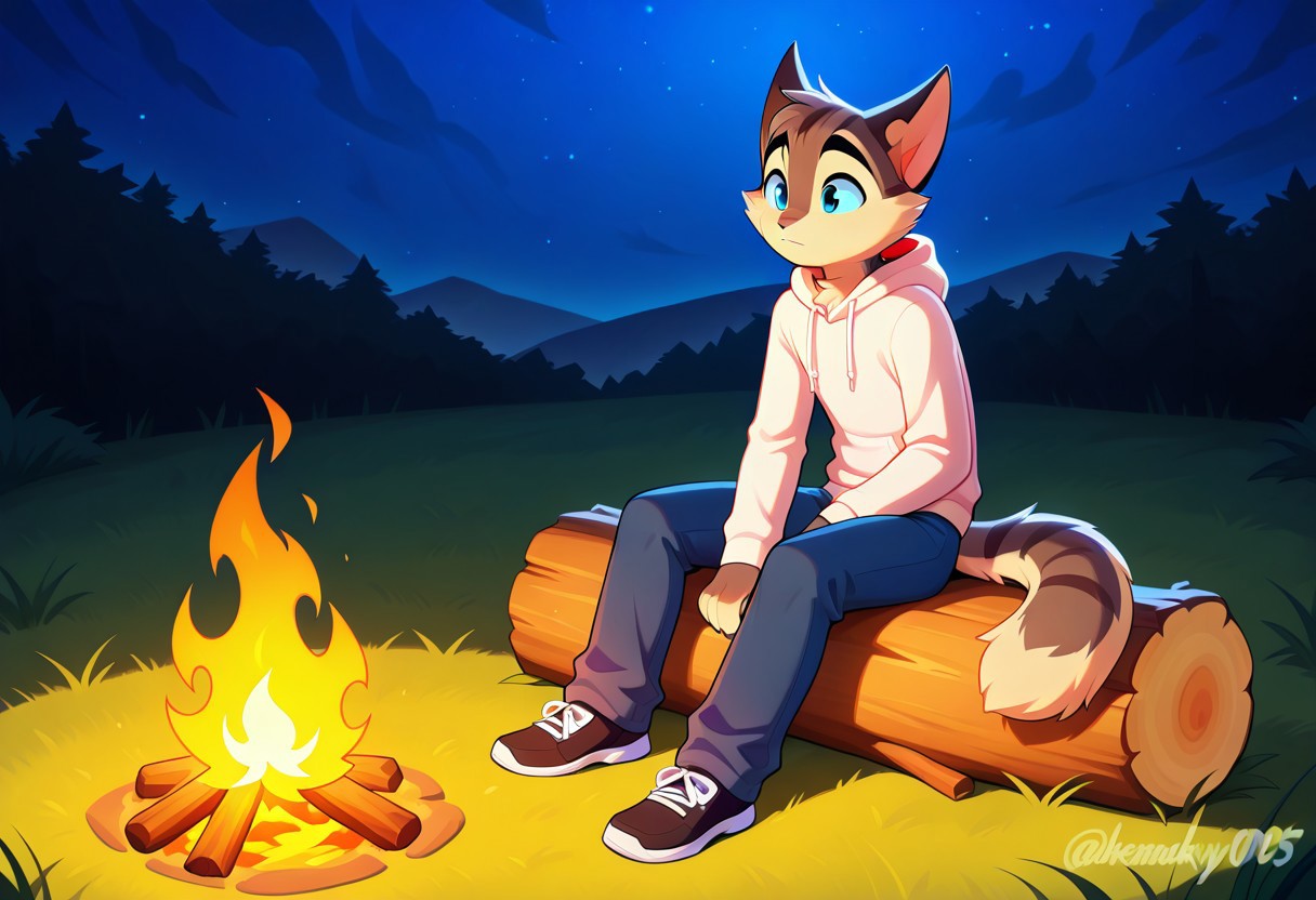 incredible quality, shiny skin, high quality, highres,rocky rickaby, furry, furry male, cat, 1boy, male focus, blue eyes, solo, sitting, tail, animal ears, hood, artist name, furry, furry male, blue pants, watermark, pants, outdoors, log, hoodie, closed mouth, black footwear, fire, campfire, long sleeves, night, full body, hood down, drawstring, grass, cat boy, cat ears, shoes