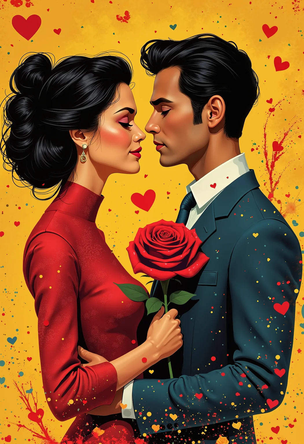 bo-romance, a digital illustration in a vibrant, pop art style, it features a romantic scene between a man and a woman, the woman, on the left, has dark, voluminous hair styled in an elegant updo, she wears a red, patterned dress with a high collar and long sleeves, her face is turned towards the man, with her eyes closed and a slight smile on her lips, she holds a large, red rose close to her chest, with its stem and leaves detailed, the man on the right, with dark hair and a serious expression, is dressed in a dark blue suit with a white shirt, he has a slightly darker complexion, and his eyes are cast downward, the background is a bright yellow, with splashes of red, blue, and green, creating a festive, romantic atmosphere, small, red hearts float around the couple, adding to the romantic ambiance, the overall color palette is bold and bold, with a mix of warm and cool tones, enhancing the romantic and sensual nature of the scene<lora:boFLUX Romance Abyss.safetensors:1.0:1.0>